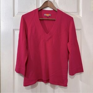 Just Cashmere By Forte Sweater V-Neck Women's 3/4 Sleeve Fuchsia Pink Size Large
